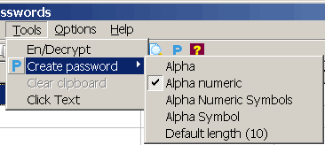 Password creator menus.